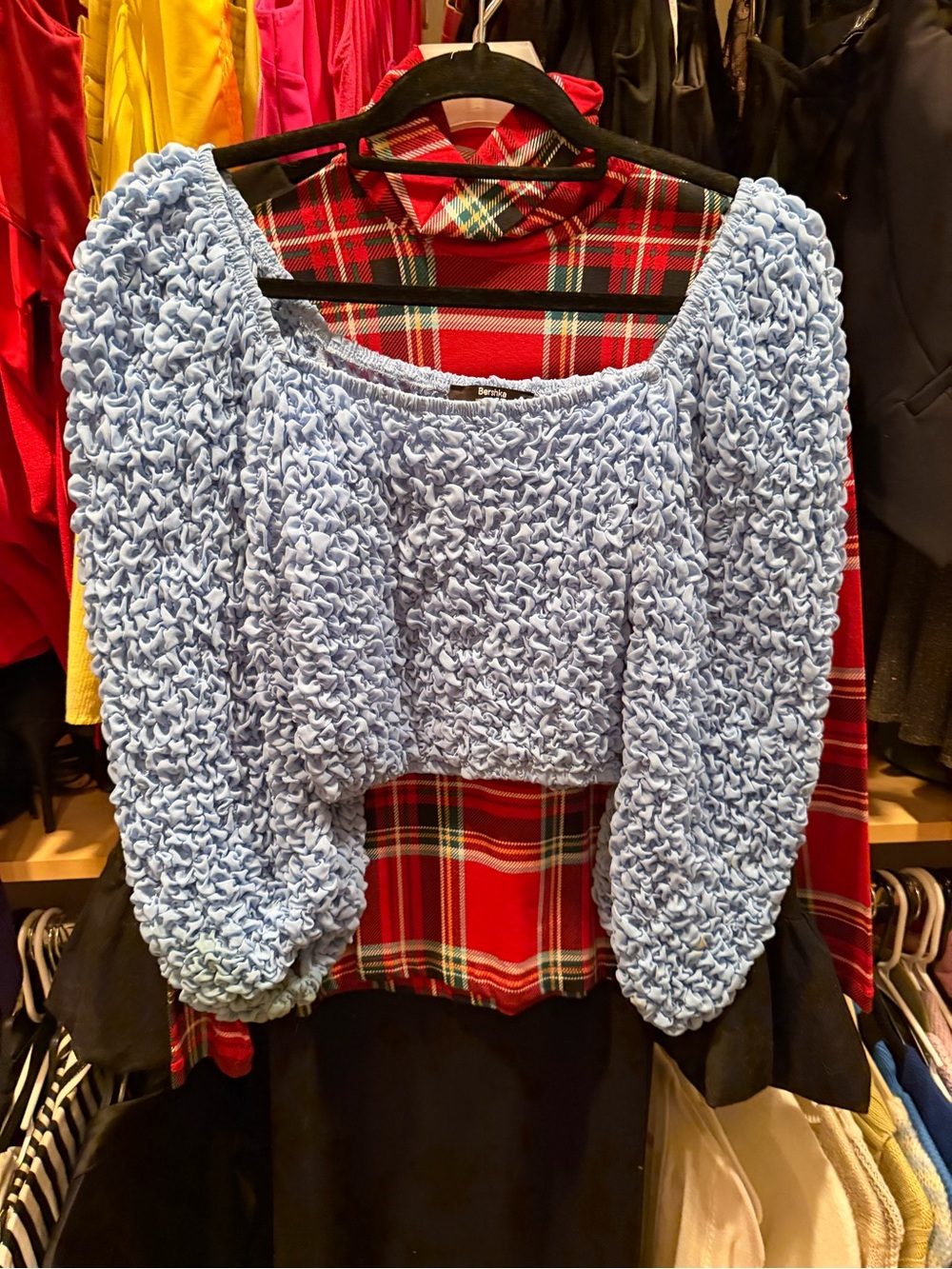 Bershka Light Blue Ruched Puff-Sleeve Off-Shoulder Crop Sweater